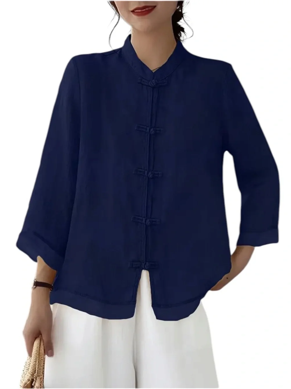 Navy Mandarin Collar Button-Front Women’s Blouse - Picture 1 of 4